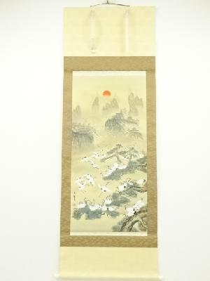 玉峰筆　縁起百鶴之図　肉筆絹本掛軸（保護箱）